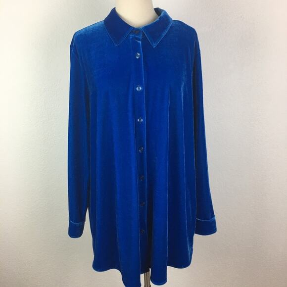 Soft Surroundings Blue Velour Button Up Long Sleeve Lagenlook  Tunic 1X - Picture 1 of 9
